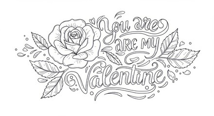 You are my Valentine line art illustration with rose flower and leaves for coloring book, card or poster design