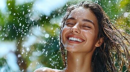 Fototapeta premium Radiant woman, bathed in tropical rain