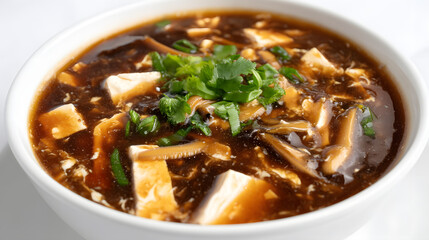 Delicious bowl of rich, savory soup with tofu, mushrooms, and fresh herbs ready for a warm meal experience
