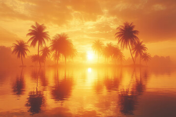 Palm trees silhouetted against a vibrant sunset sky, casting long shadows over a sandy beach.