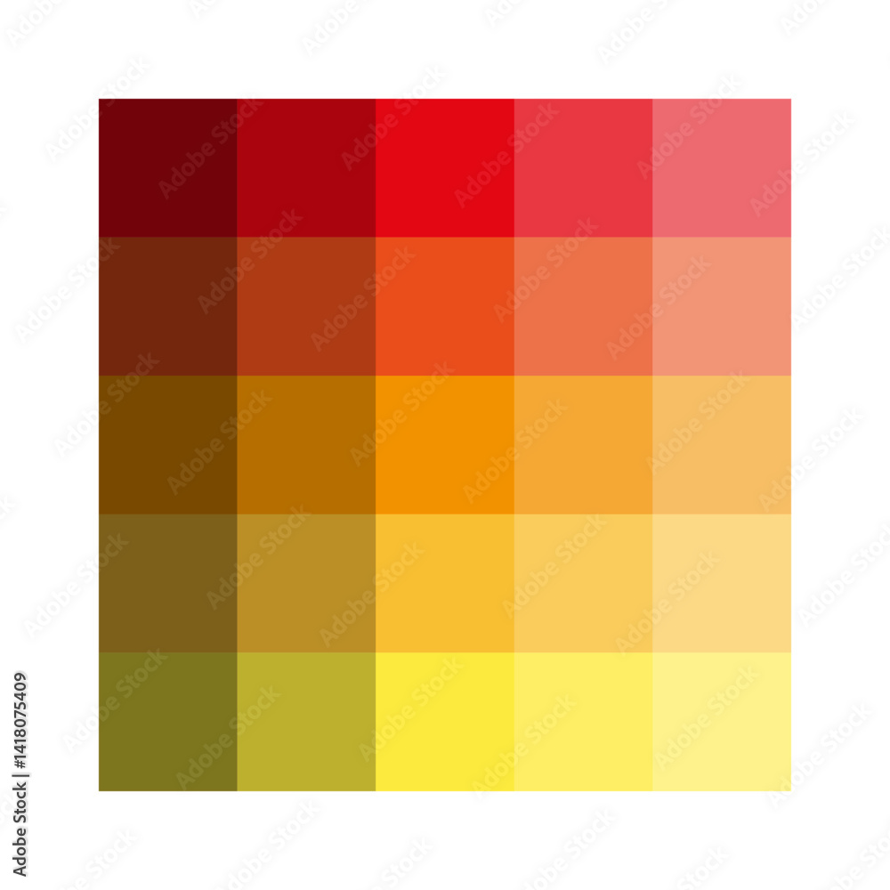 Poster color tile palette. warm tone blocks. yellow red gradient. vector swatch sample.
