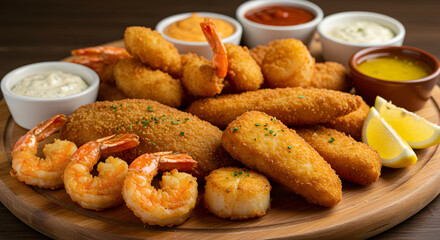 Assortment Of Golden Crispy Seafood Featuring Shrimp, Fish And Scallops