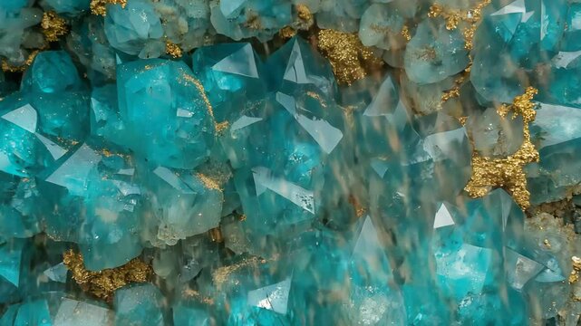 Close-up view of aquamarine colored crystal formations with golden deposits in a cluster, mineral composition, and geological structure
