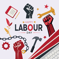 Flat Vector Labour Day Poster with Fists, Tools, and Chain Symbolism, Labour Day Illustration – Celebrate Workers’ Strength and Unity, 