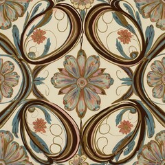 Seamless vintage floral pattern with ornate gold decoration and leaf elements for textile design