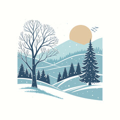Winter Landscape with Snowy Hills, Bare Trees, and Pine Forest under Moonlight.