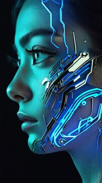 Close-up profile of a woman's face with futuristic cybernetic implants and glowing blue circuitry for science fiction concept.
