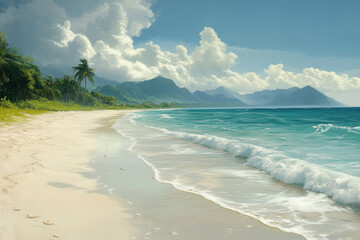 Fototapeta premium A beach painting with a distant mountain backdrop, capturing serene coastal beauty.