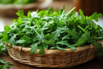 Naklejka premium Fresh arugula leaves in a woven basket on a wooden table with blurred greenery in the background
