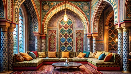 Ornate Interior Room with Colorful Walls and Seating