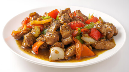 Fototapeta premium Deliciously Spiced Chicken Stir Fry with Colorful Bell Peppers and Fresh Vegetables on a White Plate