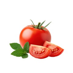 Tomato with slices and mint leaves on white background 