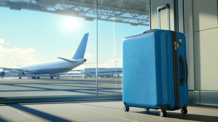 big plastic wheeled carry on blue suitcase standing next to the window where we can see airplanes on air strips, transportation, international airport, traveling concept