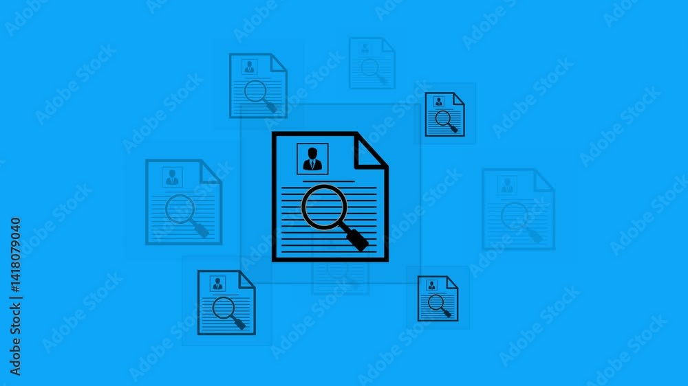 Poster magnifying glass icon with document list with tick check marks for job icon isolated . cv research i