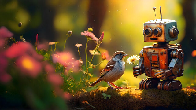 Robot and bird enjoying nature together in spring