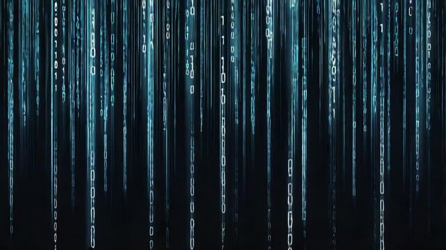 Abstract digital stream background with binary code rain effect. Glowing data flow simulation with zeros and ones falling on dark backdrop.