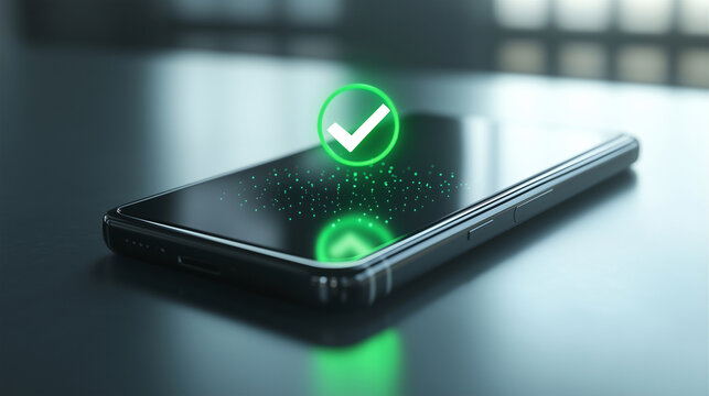 a smartphone laying on the table with a green tick sign in a circle levitating above it, approval concept