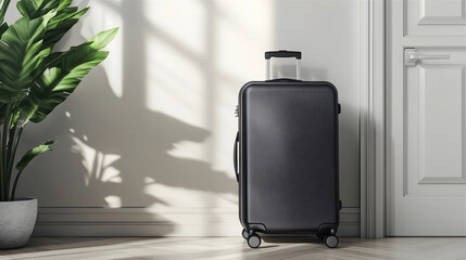 a big black blank suitcase with smooth texture standing next to the door of the apartment, leaving for vacation concept, traveling
