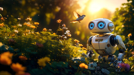 Robot Observing a Bird in a Flower Garden