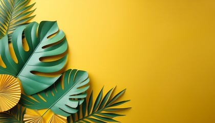 Paper cut leaves of monstera and palm trees on a yellow background with copy space