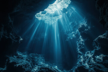 Obraz premium Sunlight shines through water into cave, illuminating rocky walls and creating a serene, natural glow.
