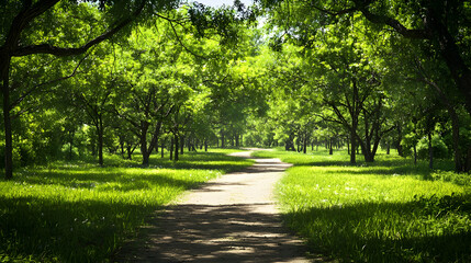 Sunny Path Through Lush Green Trees