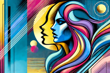 A bold, colorful abstract artwork featuring two overlapping female profiles with flowing hair, geometric patterns, and dynamic lines in a vibrant, modern pop-art style.