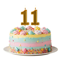 Birthday cake with number 11 candles on white frosting