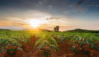 cassava tree in farm and sunset