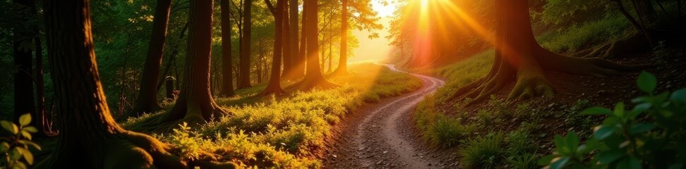 Golden hour sunlight filters through trees, illuminating a winding hiking trail , vista, background