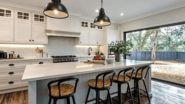 Bright, airy kitchen with island, farmhouse style, opens to backyard