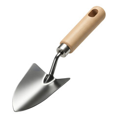 Gardening trowel with wooden handle and metal scoop, perfect for digging and planting activities.