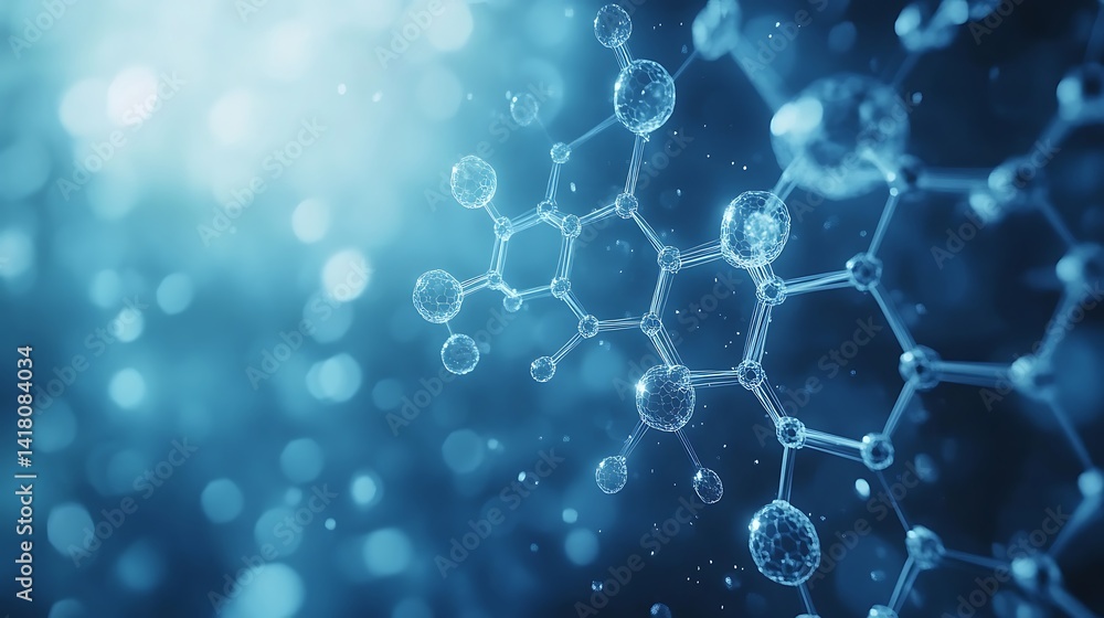 Poster glowing blue molecular structure in 3d rendering