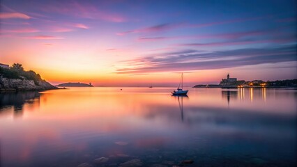 Naklejka premium St Julian's Bay Dawn: Minimalist Seascape Photography, Malta Sunrise, Calm Waters, Blue Hour, Mediterranean Sea