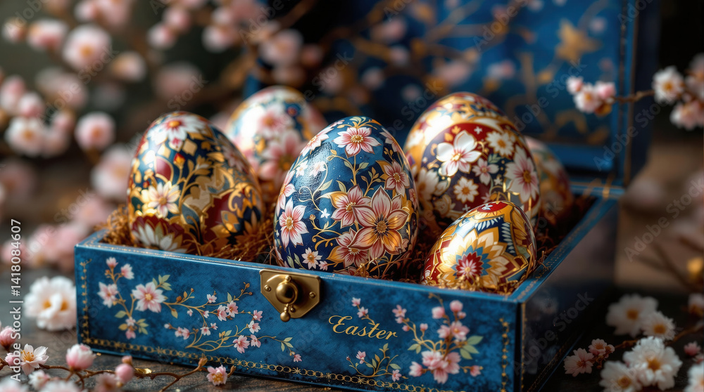 Poster a collection of colorful eggs in a blue box adorned with flowers, resting on a surface with blossoms