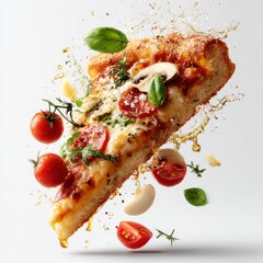 Pizza slice with toppings in motion on white background
