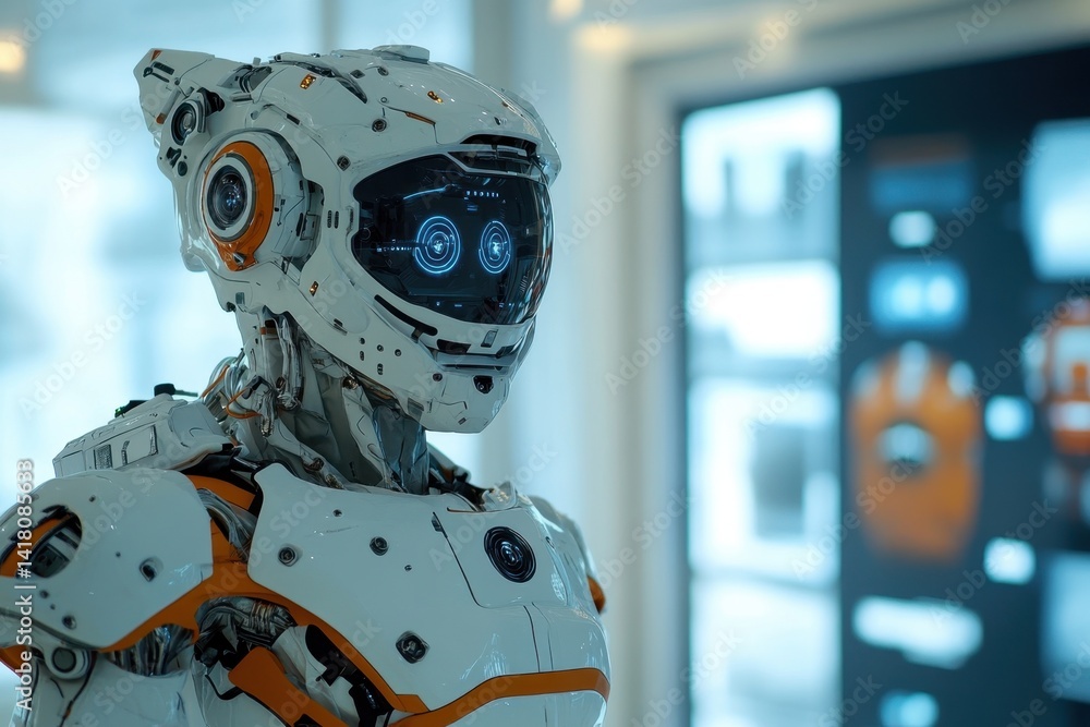 Poster advanced humanoid robot displayed in technology expo showcasing innovative design and features