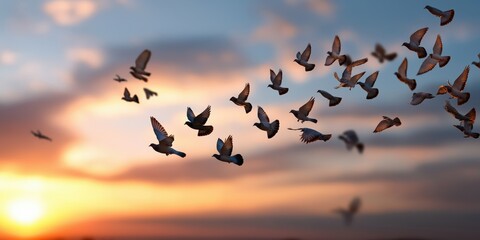 Fototapeta premium A flock of birds gracefully taking flight against a vibrant sunset sky, symbolizing freedom, nature's beauty, and the awe-inspiring moments of twilight.