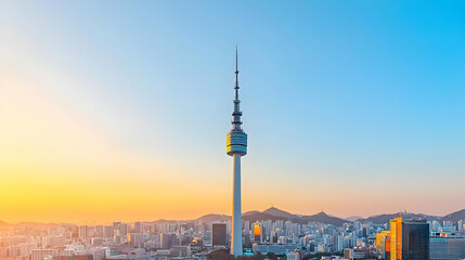 Fototapeta premium Seoul Cityscape With Communication Tower At Sunrise