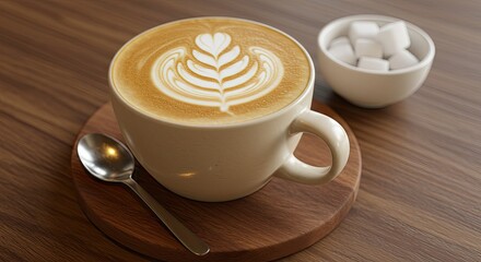 Latte Art Coffee in a Mug on Wooden Table
