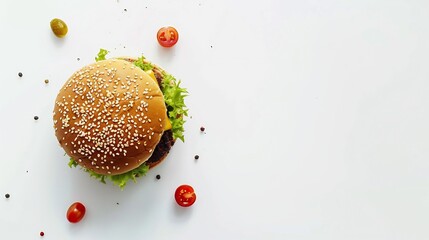 Hamburger classic American hamburger with juicy beef patty melted cheese lettuce tomato and sesame bun shot from a top down view on a clean white background showcasing vibrant fresh ingredients