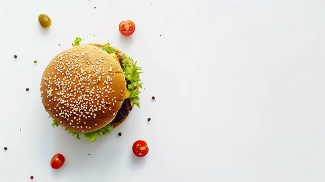 Hamburger classic American hamburger with juicy beef patty melted cheese lettuce tomato and sesame bun shot from a top down view on a clean white background showcasing vibrant fresh ingredients