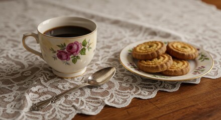 Coffee Break with Floral Teacup and Butter Cookies