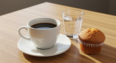 Morning Coffee Break with Muffin and Water on Wooden Table