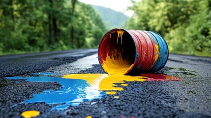 Fototapeta premium Spilled paint can on roadway amidst forest