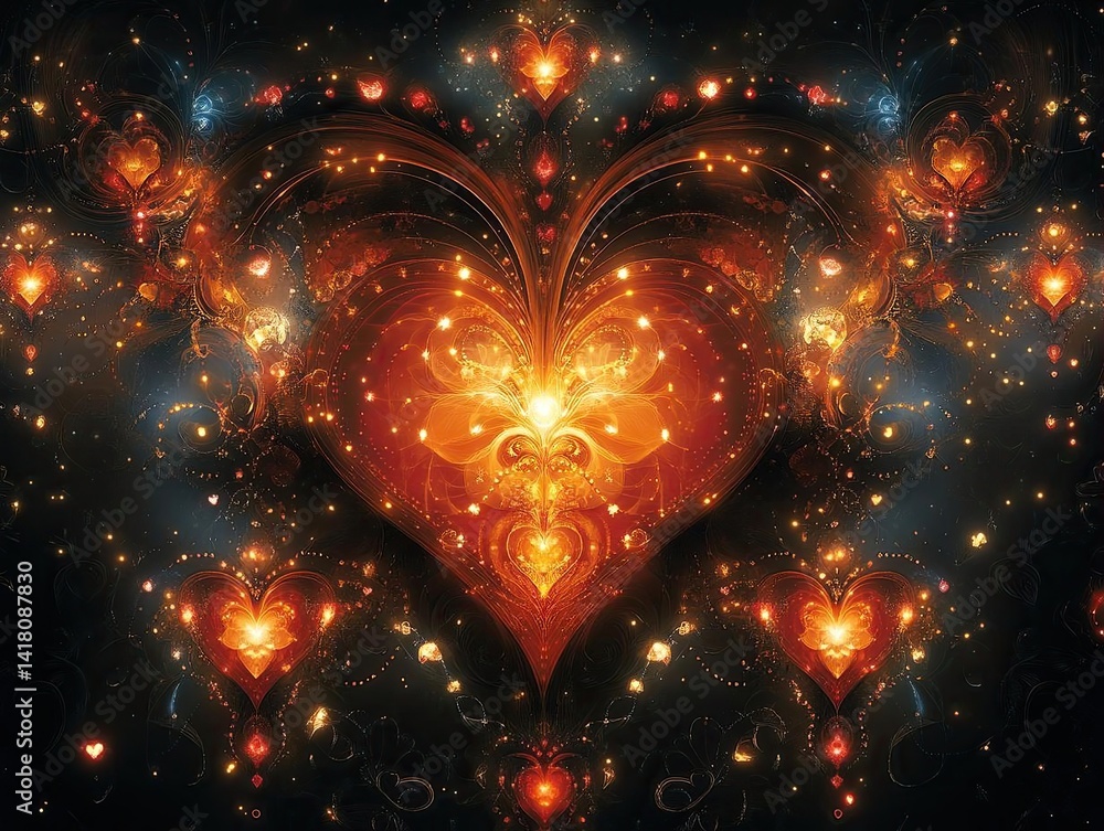 Poster abstract glowing heart design with intricate patterns and vibrant colors on a dark background