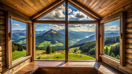 Fototapeta premium Mountain View from Wooden Cabin Window