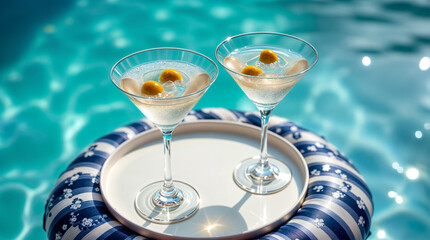 Two martinis are on a tray in a pool