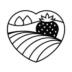 Heart shaped strawberry farm illustration black and white symbol for organic food and agriculture