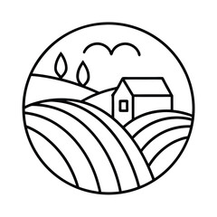 Minimalist farm landscape illustration with house trees and fields circular design